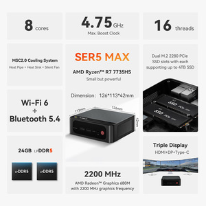 มินิพีซี SER5 รุ่นใหม่ ขายดี R7 7735HS WiFi 6 4K HD 24GB DDR5 500GB M.2 NVMe SSD Type-C RJ45 Radeon - Product Image 4