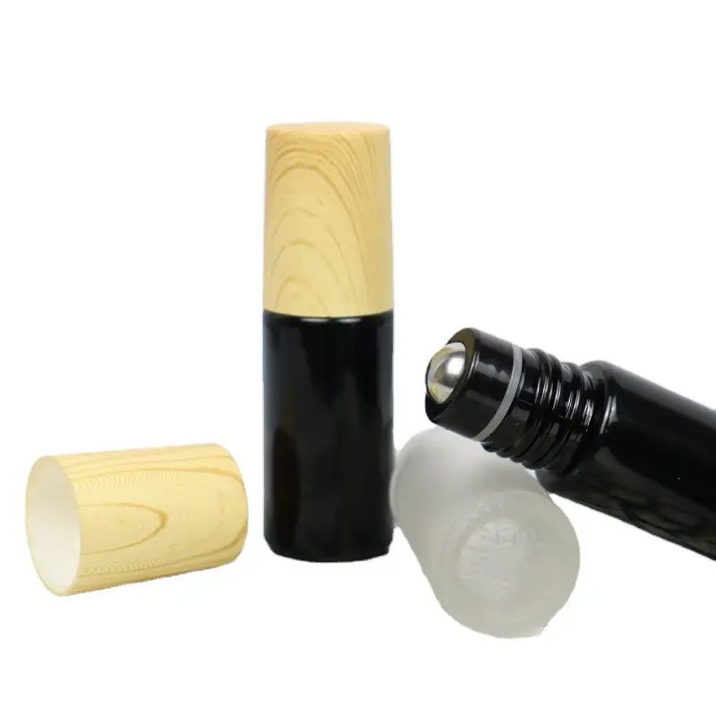 MUB Bouteille vide d'huile essentielle en verre noir dépoli opaque de 5ml 10ml avec couvercle en grain de bois