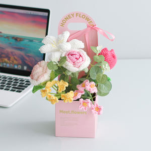 Toptan el-tığ işi çiçek buketi Pot bitkiler yapay tarzı gül el-tığ işi Pot çiçekler - Product Image 6