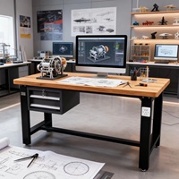 Banc de travail moderne en acier robuste avec plateau en bois et 2 tiroirs à fermeture amortie pour usage scolaire, hôtelier, extérieur, atelier et menuiserie