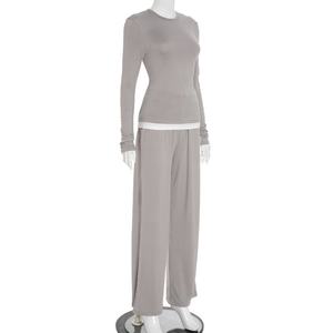 Vivibloook Q25ST283 conjunto de mujer nuevo Otoño Invierno nuevo Color sólido cuello redondo manga larga Pantalones rectos conjunto para mujer - Product Image 3