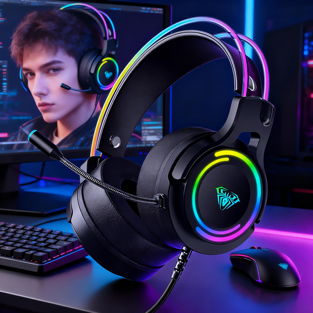 Over-Ear Gaming Headphones 7.1 Channel Breathable Earmuffs ENC/ANC Noise Cancellation Custom Fit Wired Dynamic Driver RGB