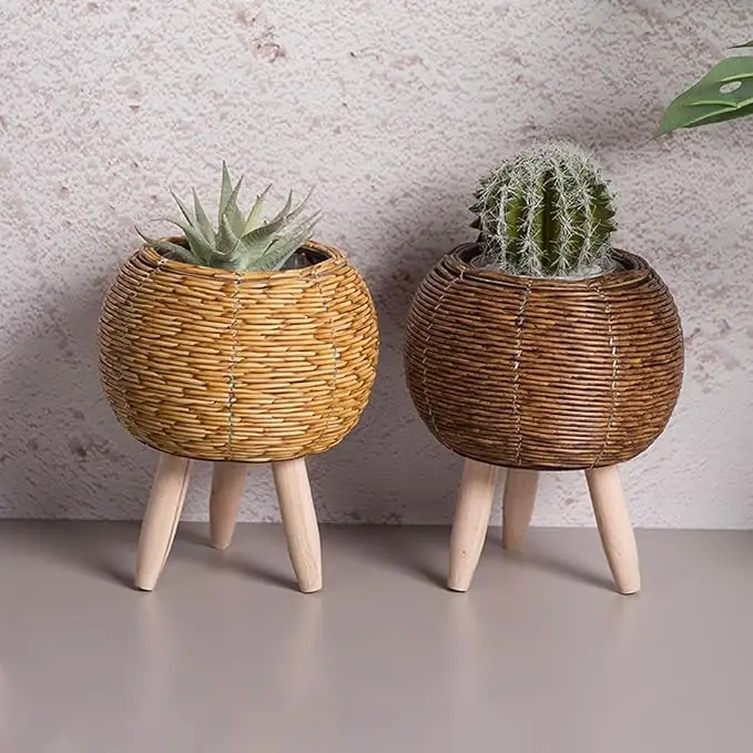 Piantatrice da pavimento in Rattan tessuto cesto vaso di piante con gambe vaso di fiori per appartamento sala da disegno palla marrone chiaro