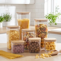 Wishome Ensemble de 7 bocaux en verre hermétiques avec couvercles en bambou, bocaux carrés empilables pour spaghetti, céréales, aliments secs