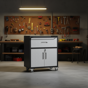 Armoire de rangement pour outils, 1 tiroir, 2 portes verrouillables, armoire mobile en métal pour garage, style industriel noir/gris, capacité de charge de 250 kg - Product Image 2