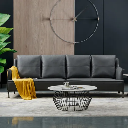 Nordic Italian minimalist living room black straight leather sofa furniture