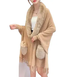 2023 Autumn Fashion lady ful collar elevated cape solid color cape knit warm noblewoman sweater shawl