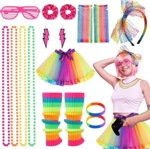 Accessoires de costume Pafu Carnival années 80 : <span class=keywords><strong>tutu</strong></span> néon, bandeau, collier, gants, lunettes, chauffe-jambes, ensembles de déguisement années 80 - Product Image 1
