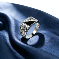 KAAN JEWELRY 925 Silber Vintage geschnitzten schwarzen Achat Ring, Nische Luxus Vintage-Stil exquisite alte Textur Ring