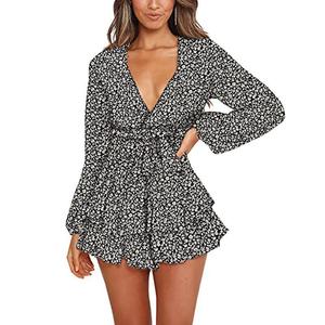 화이트 도트 블루 컬러 여름 꽃 프린트 원피스 여성 나비 넥타이 V-넥 긴 소매 - Product Image 3