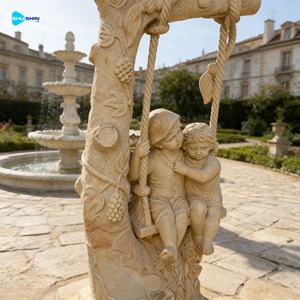 Escultura <span class=keywords><strong>de</strong></span> Mármol Tradicional Hecha a Mano <span class=keywords><strong>de</strong></span> Tamaño Real <span class=keywords><strong>de</strong></span> un Niño Sentado en un Columpio <span class=keywords><strong>para</strong></span> Jardines y Villas al Aire Libre - Product Image 1