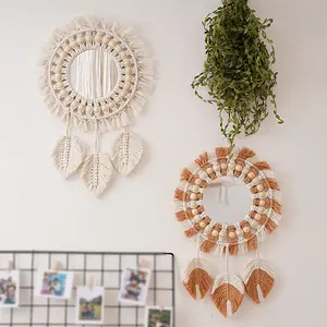 Boho Macrame Handmade Thread Fringe Round bagno specchio da parete foglia decorazioni da appendere a parete per soggiorno di casa