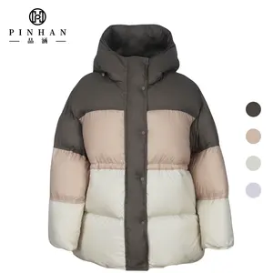 Brown Beige White Tricolour Splicing Women's Down Jacket Button Zip Placket Hat Duck Down Goose Down OEM ODM Straight Cuffs