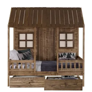 Tempat tidur tenda kayu pinus dengan desain atap untuk balita, tempat tidur rumah kembar dengan Trundle dan desain jendela untuk anak-anak