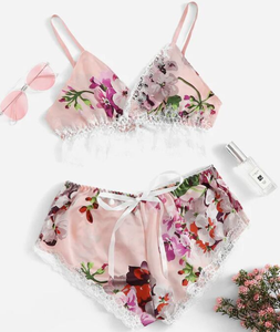 Vendita calda <span class=keywords><strong>senza</strong></span> fili Sexy in raso floreale reggiseno da donna e intimo Set di biancheria da notte setosa - Product Image 2