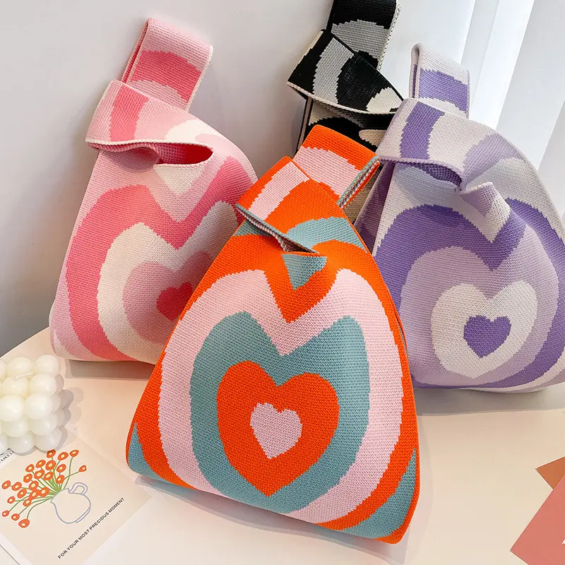 2024 Wholesale Love Heart printed flower water panda ladies knitted tote bags women purses and handbags for women luxury