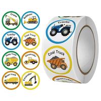 400 autocollants circulaires imprimés en couleur par rouleau, thème tracteur et voiture de dessin animé, pour l'apprentissage de l'anglais, jouet adhésif pour enfants, tableau de récompenses pour voitures