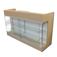 Comptoir de caisse économique D-317 robuste et durable avec éclairage LED, vitrine frontale en verre et finition stratifiée flottante