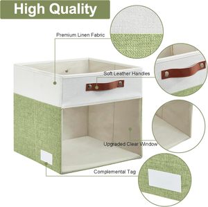 Linen Foldable <b>Storage</b> Bins with Clear Window and Handles <b>Storage</b> Cubes <b>Fabric</b> Organizer <b>for</b> Shelf Closet - Product Image 2