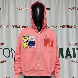 Bordado Patchwork French Terry Oversized Zipper Hombres Sudaderas con capucha Custom 100% Cotton Boxy Distressed Acid Wash Zip up Hoodie - Product Image 3