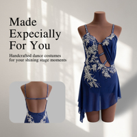 Costume de danse lyrique bleu marine orné de strass, robe de ballet contemporaine asymétrique pour performance scénique lyrique