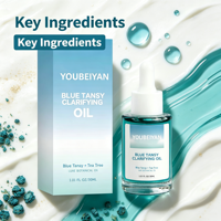 Marque propre, huile de teinture bronzante naturelle et biologique à l'arbre à thé et au jojoba, soin hydratant pour la peau, visage bleu.