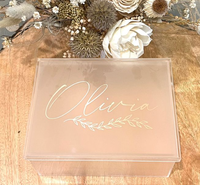 Boîte cadeau carrée en acrylique de luxe personnalisée RAYI avec couvercle mat givré - Boîte personnalisée en lucite pour baptême - Boîte à souvenirs de baptême