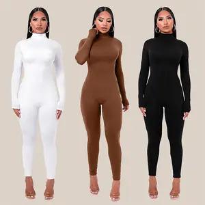 Combinaison hiver à manches longues marron Sexy moulante combinaison femmes barboteuse une pièce tenue col roulé blanc noir combinaison pour dames