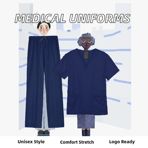 Ensemble de blouses médicales bleu marine pour femmes, haut à col en V avec poches et pantalon à cordon, uniforme d'hôpital, tissu polyester tissé - Product Image 2