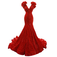 Rsm66736 vestidos de noite elegantes, mangas especiais gola em v de sereia, longo trem, vermelho