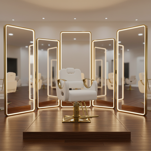 Sillón de Barbería de Lujo, Resistente y Ecológico, de Cuero Sintético Blanco con Respaldo Curvo, Reposabrazos Dorados, Diseño Moderno, Estructura de Acero - Product Image 1
