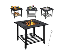 Table de feu extérieure carrée 2-en-1 en bois, foyer de luxe en fer avec télécommande et finition émaillée en porcelaine