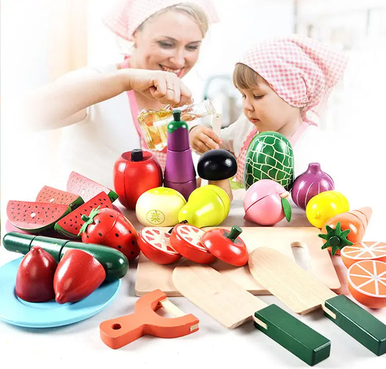 सब्जियां फल खिलौने रसोई किट लकड़ी के फल और सब्जी संयोजन काटने खाना पकाने सेट खिलौना खिलौना रसोई लकड़ी
