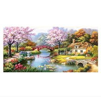 Kit de broderie diamant DIY grand format Cabane aux ponts de cerisiers, Paysage en strass de cristal, Peinture diamant 5D