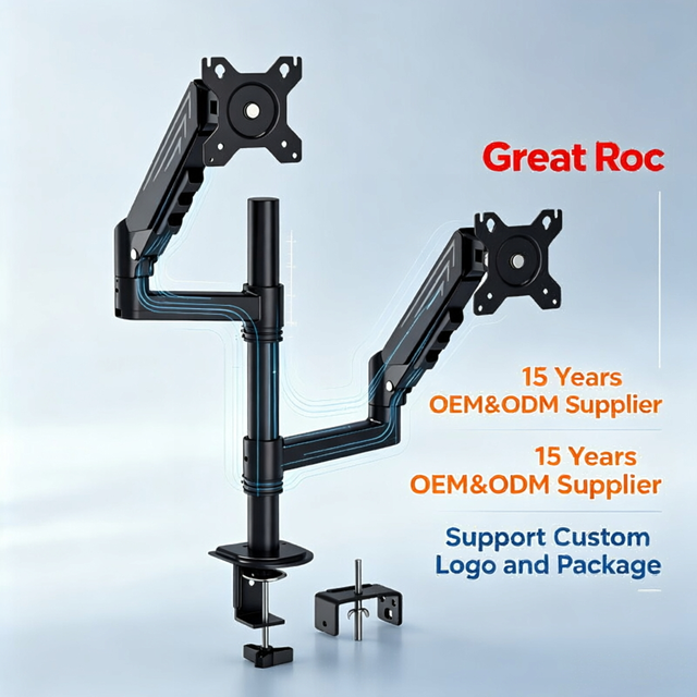 Dual Monitor Arm Vertical Pole Foldable Stepless Height Tilt Adjust Carbon Steel VESA Monitor Stand for Two 17-32 Inch Screens