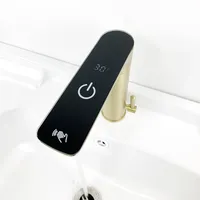Robinet mitigeur chaud/froid à capteur automatique avec affichage LED, finition or brossé, design contemporain, sans contact