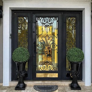 Portes d'entrée de villa rétro de style européen personnalisées, portes d'entrée antivol en verre de cour en ferronnerie, portes d'entrée avant fabriquées - Product Image 1