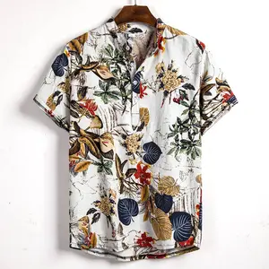 Camisa masculina étnica estampada personalizada, gola de algodão, faixa de linho, manga curta, camisa solta havaiana