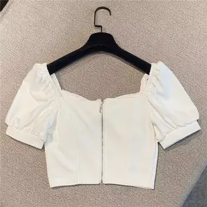 Top corto blanco elegante con mangas abullonadas para niñas-Camisa de verano elegante con cremallera
