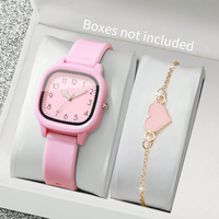 Conjunto de Reloj de Moda para Mujer con Correa de Cuero, Caja de Aleación y Brazalete con Forma de Corazón, Casual, para Uso Diario, Regalo para Estudiantes