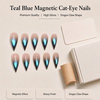 L11 Kaixin Faux ongles à presser personnalisés bleu sarcelle motif griffe de dragon, Fournitures pour ongles effet œil de chat magnétique bleu sarcelle