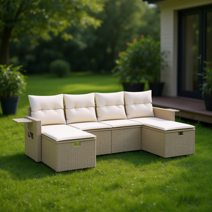 Ensemble de canapés de jardin modulaires en rotin PE beige, meubles d'extérieur confortables, design contemporain, coussins en mousse haute densité - Product Image 2