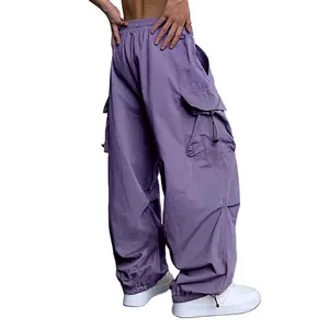 wholesale Men Custom Streetwear Manufacturer Oversize Adjustable Waist Stacked Nylon Baggy Cargo Pants