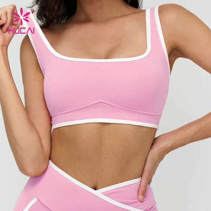 OEM HUCAI Custom Color 4-Way Stretch Breathable Square Neck Double Strap Workout Sport Yoga Bra with Contrasting Square Neckline