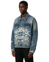 Blouson universitaire en jean épais délavé à l'acide, imprimé étoiles flamboyantes, col montant, style streetwear automne