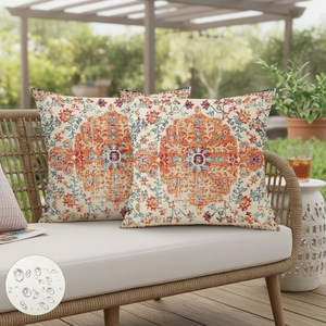 Set di Copricuscini Impermeabili da Esterno 18x18 Pollici, Design Etnico Vintage Bohémien con Motivo a Tappeto, Cuscini Decorativi Arancioni e Blu - Product Image 3