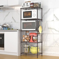 Étagère de rangement multi-usages à 5 niveaux en fil métallique noir pour salle de service, unité de rangement réglable pour cuisine et garde-manger avec crochets latéraux