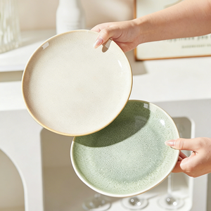 Assiettes et plats en céramique vert et <span class=keywords><strong>beige</strong></span> de 8,5 et 10,5 pouces avec finition émaillée, vente en gros en vrac pour la restauration - Product Image 1