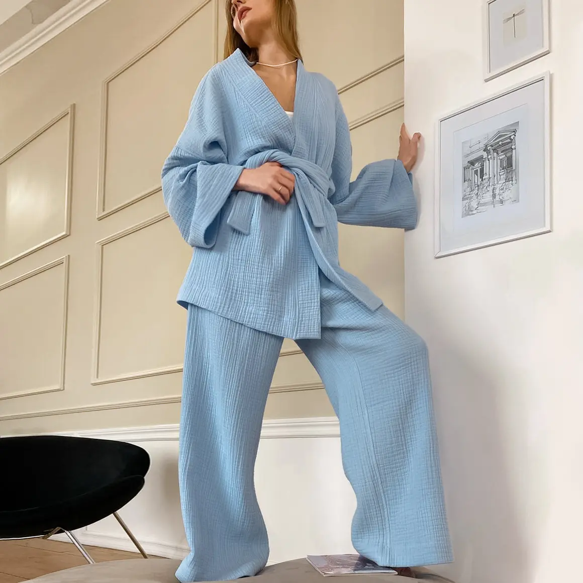New arrivals custom women cotton home wear loose sleepwear kimono robe lounge wear pajamas set