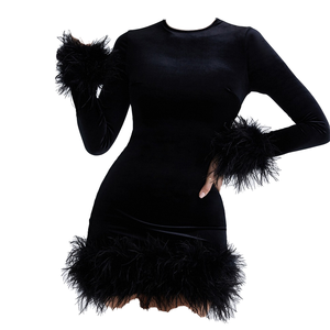 Robe Courte Sexy Moulante en Velours de Luxe à Col Rond et Manches Longues avec Logo Imprimé Numérique sur le Devant pour Femme – Idéale pour Fêtes, Anniversaires, Mariages et Soirées - Product Image 1